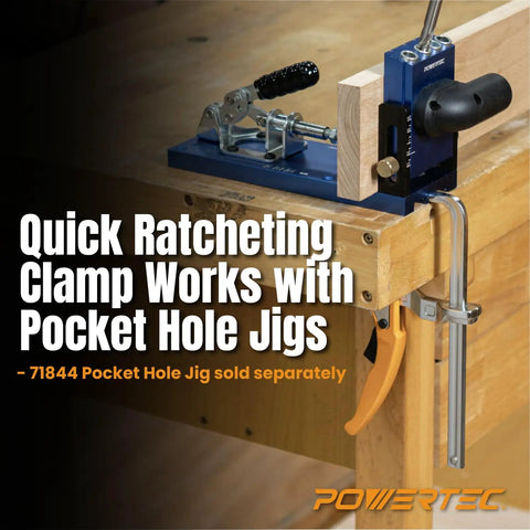 Two Pack Quick Release Ratcheting Table Clamps For MFT And Guide Rail System 7 Inch Opening And 2 And 3 Eighths Inch Throat Depth with pocket hole jig