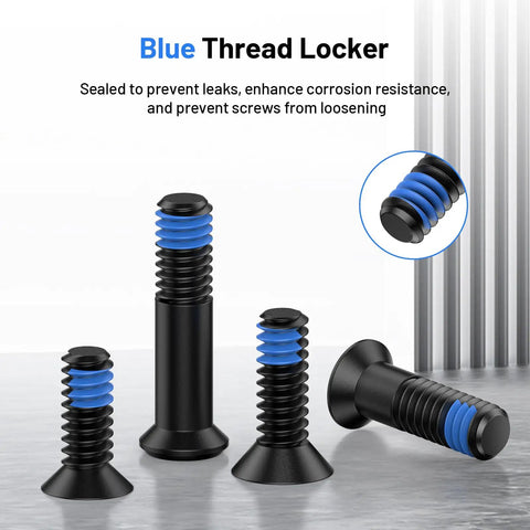 Rock Solid Red Dot Screw Kit With M4 And Six Thirty Two Threads Blue Thread Locker For Rmr Optics showing black screws with blue thread locker.