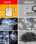 Comparison of our USB and battery dual power Fairy Curtain Lights 300 LED White Window Curtain String Lights with other non-waterproof lights.