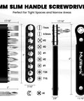 11 Piece Right Angle Screwdriver Set With Multi Bits, Ultra Low Profile Offset Driver dimensions and bits displayed