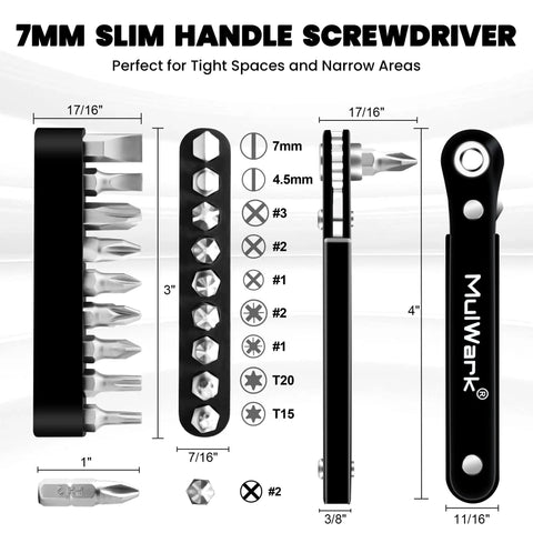 11 Piece Right Angle Screwdriver Set With Multi Bits, Ultra Low Profile Offset Driver dimensions and bits displayed
