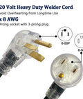 Close-up of a 220V Beefy 25 Foot Welder Extension Cord 220V 40A 8 Gauge NEMA 6 50 with 3-prong plug and lighted end