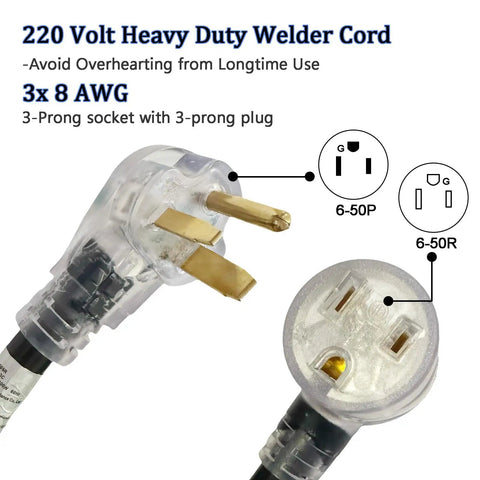 Close-up of a 220V Beefy 25 Foot Welder Extension Cord 220V 40A 8 Gauge NEMA 6 50 with 3-prong plug and lighted end