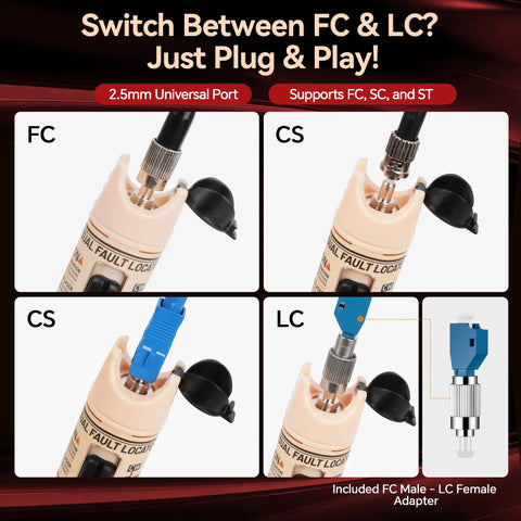 RAINLEOTI Visual Fault Locator Kit with red LED pen, 2.5mm universal port, FC-LC adapters and LC/SC/FC coupler