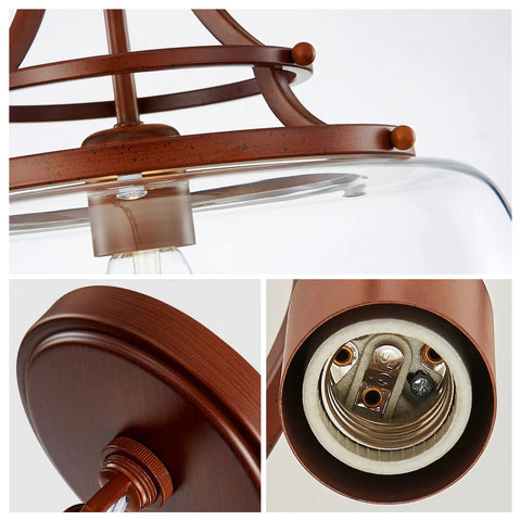 Close-up of Rustic Farmhouse Industrial Round Ceiling Pendant Light With Clear Glass Shades, wood grain and E26 base details.
