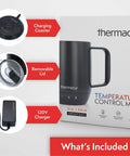 Electric Smart Coffee Mug With Led Display And Precise Temperature Control Keeps Your Daily Grinds Piping Hot Auto Shut Off Feature Three Custom Heat Settings For Flawless Sips Everywhere showing charging coaster, removable lid, and charger.
