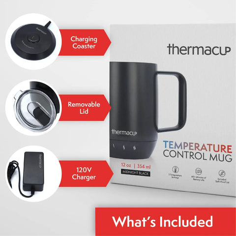 Electric Smart Coffee Mug With Led Display And Precise Temperature Control Keeps Your Daily Grinds Piping Hot Auto Shut Off Feature Three Custom Heat Settings For Flawless Sips Everywhere showing charging coaster, removable lid, and charger.