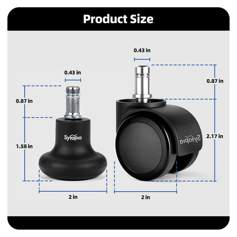 No Sweat Office Chair Bell Glides Replacement With Fixed Feet Wheel Stopper For Swivel Chairs And Stools Featuring 7/16 X 7/8 Stem, showing size measurements of glides.