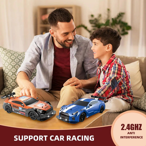 Father and son playing with 4WD RC Drift Car 1:16 Scale With 2.4GHz Remote, High Speed Up To 18 KMH, LED Headlights on a sofa