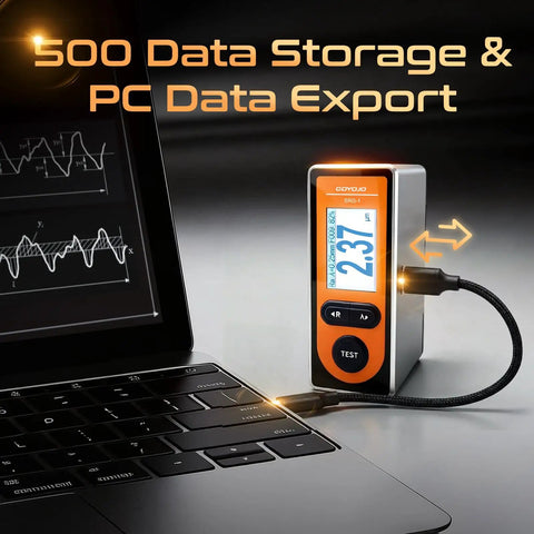 Portable Surface Roughness Tester With Handheld Stylus Profilometer for QA checks connected to laptop for data storage.