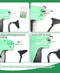 2506 Piece Clothing Tag Gun Kit with 6 Steel Needles showing assembly steps and needle replacement for retail use
