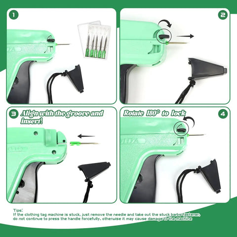 2506 Piece Clothing Tag Gun Kit with 6 Steel Needles showing assembly steps and needle replacement for retail use