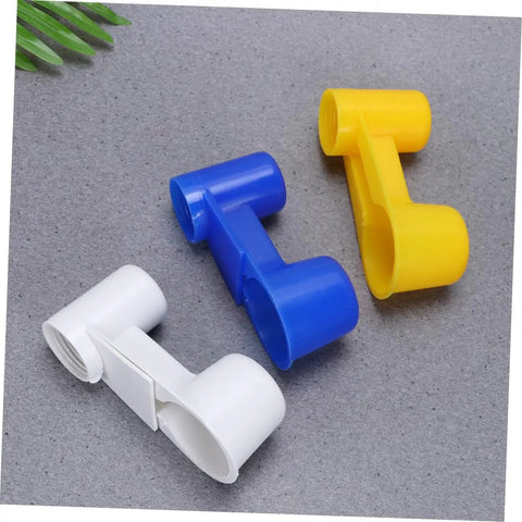 Five Piece Automatic Bird Water Dispenser Set With Dual Drinking Ports Hassle Free Install Drip Proof Auto Refill Cups For Parrots And Pigeons Super Convenient No Mess Design For Home Or Pet Shop Use Random Colors - Plastic clips in blue, yellow, and white.