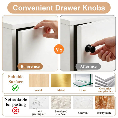 Comparison of cabinet before and after using Black Round Cabinet Knobs Set 30mm Aluminum Alloy Drawer Handles.
