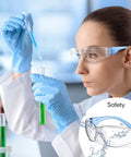 Lab technician wearing 64 Pairs Clear Safety Glasses Set With Anti Fog Lenses, Scratch Resistant, Impact Resistant Eye Gear for lab work.