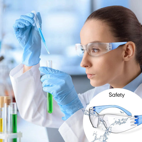 Lab technician wearing 64 Pairs Clear Safety Glasses Set With Anti Fog Lenses, Scratch Resistant, Impact Resistant Eye Gear for lab work.