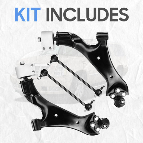 Beefed Up Front Lower Control Arm Kit With Ball Joints And Sway Bar End Links For 2010 To 2017 Chevrolet Equinox And GMC Terrain Replacement Suspension 4 Piece Premium OE Style Direct Fit Durable, kit contents shown