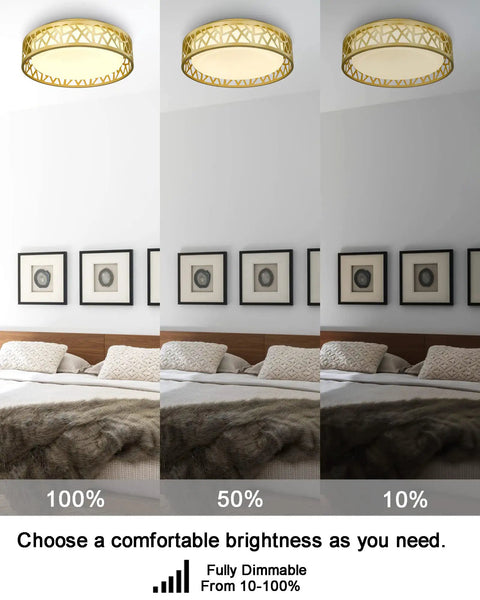 Sleek Dope 12 Inch LED Flush Mount Ceiling Light With Gold Finish And White Glass Shade, dimming from 100% to 10% brightness