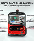 Dual Voltage 110 Volt 220 Volt 145 Amp MIG TIG Stick Welder control panel with LCD display and knobs for adjustments.