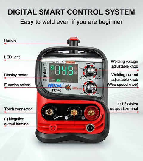 Dual Voltage 110 Volt 220 Volt 145 Amp MIG TIG Stick Welder control panel with LCD display and knobs for adjustments.