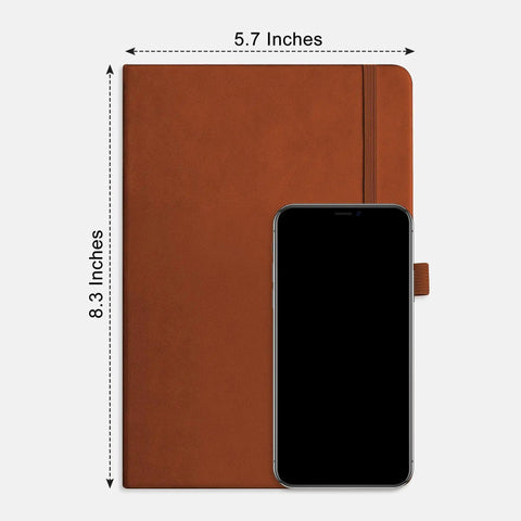 Everyday Carry Graph Grid Paper Notebook In A5 Size With Leather Hardcover, 192 Pages, 100 GSM Thick Paper next to a smartphone.