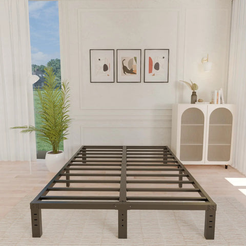 Straight Up Heavy Duty Queen Bed Frame Built Like A Tank With Ample Underbed Storage shown in modern bedroom setting.