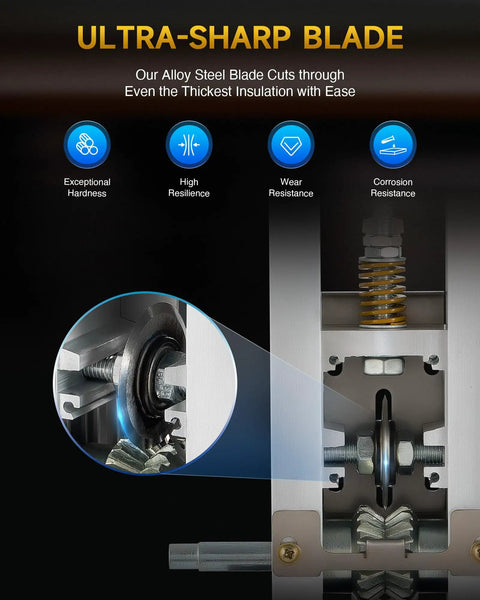 Close-up view of the heavy duty manual wire stripper machine's ultra-sharp alloy steel blade for efficient cable insulation removal.