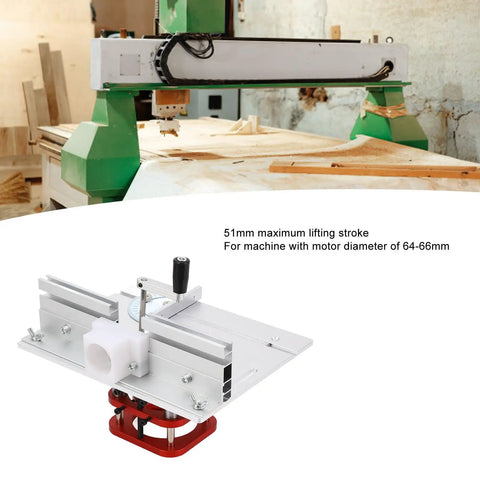 Slick Manual Router Lift Table Adjuster With 51mm Smooth Raise Travel Fits 64 To 66 Millimeter Motors on workshop bench.