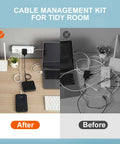 Before and after using All In One Cable Management Kit For TV Desk And Car With 188 Pcs, showing organized vs. messy cables.