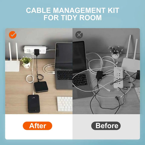 Before and after using All In One Cable Management Kit For TV Desk And Car With 188 Pcs, showing organized vs. messy cables.