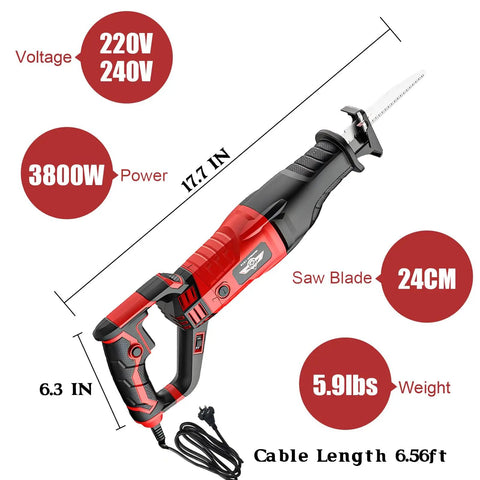 Beast 3800W Handheld Electric Saw for Meat and Bone, Wood, Metal, and Aluminum Cutting with measurements and specifications