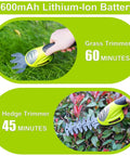 Cordless Grass Shear And Hedge Trimmer 2 In 1 Handheld Yard Tool shown trimming grass and hedges, 2600mAh battery life.