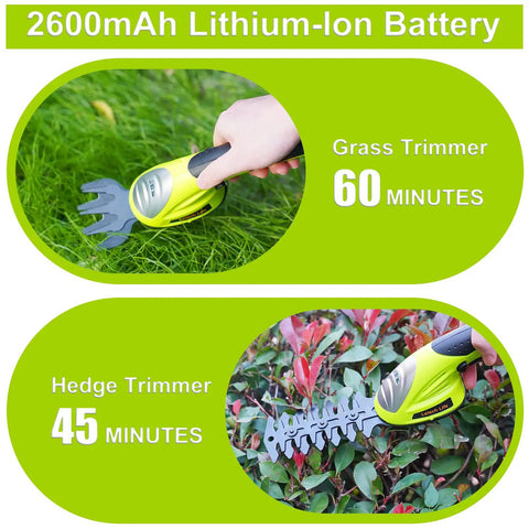 Cordless Grass Shear And Hedge Trimmer 2 In 1 Handheld Yard Tool shown trimming grass and hedges, 2600mAh battery life.