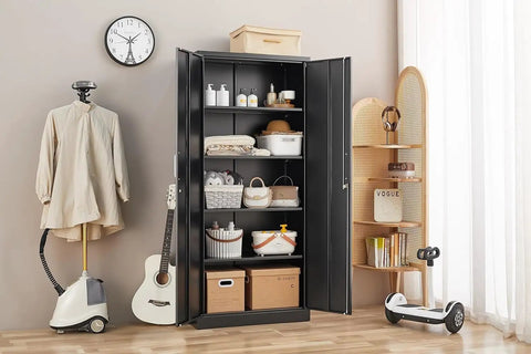 Beefy Black Metal Storage Cabinet With Adjustable Shelves And Doors, Versatile Garage, Kitchen Pantry And Home Office Storage Unit, 71 Inch Tall And Sturdy in room with decor