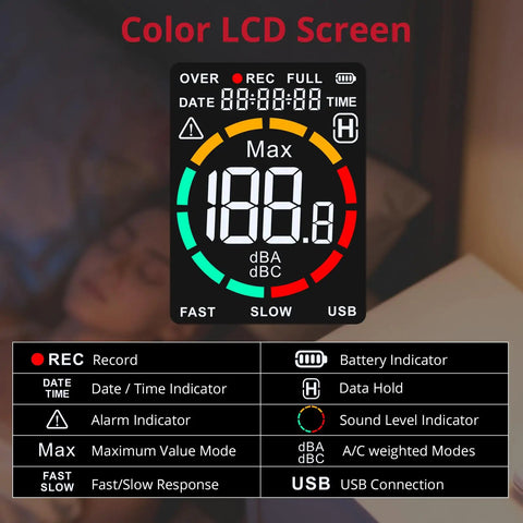 Pro-Grade Digital Sound Level Meter With Data Logger, Handy Portable Noise Meter With Condenser Microphone, 31000-Point Memory, Real-Time Readings From 30 To 130 dB(A) And 35 To 130 dB(C), 0.1 dB Resolution, 31.5 Hz To 8500 Hz color LCD screen showing sound level indicators