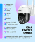 Solar Powered Wireless Outdoor Security Camera 3MP 2K Ultra HD with built-in AP hotspot, shown with features, on blue background.