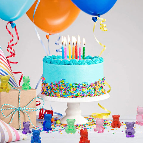 Kid Approved Counting Bears And Math Counters With Storage Bin Montessori Color Sorting Toys For Toddlers Preschool Stem Learning Hands On Manipulatives Built Tough Classroom Must Haves in a festive birthday setting with blue cake and colorful decorations.