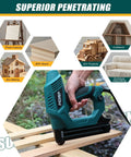 Heavy Duty Electric Brad Nailer And Staple Gun handles 18 Gauge fasteners used for woodworking projects on wooden boards.