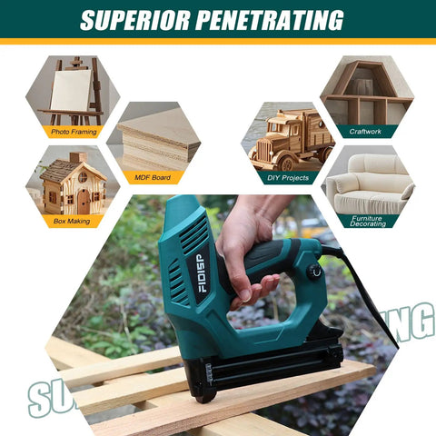 Heavy Duty Electric Brad Nailer And Staple Gun handles 18 Gauge fasteners used for woodworking projects on wooden boards.
