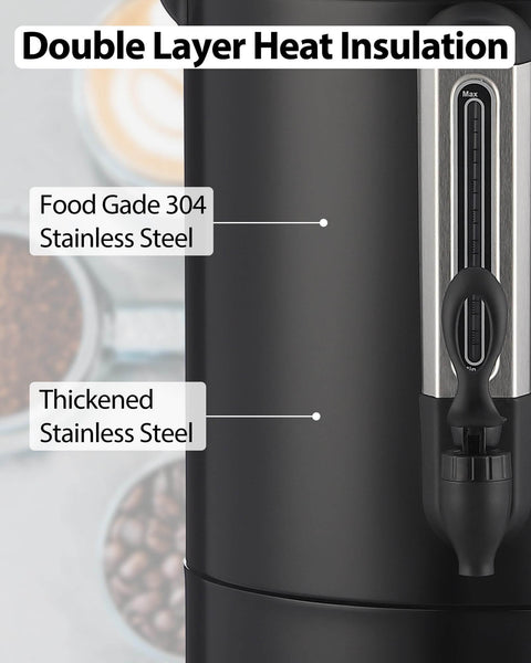 Side view of Workhorse 120 Cup Commercial Coffee Maker With 18 L Stainless Steel Urn Double Layer Hot Beverage Dispenser