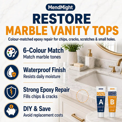 Fiberglass And Porcelain Repair Kit With Epoxy Putty 5.6 Oz Total Two Tubes Plus Six Color Pigments For A Do It Yourself Color Match On Bathtub Countertop Marble Granite And Acrylic Surfaces Fix Chips Cracks Scratches Fast, shown with marble vanity top