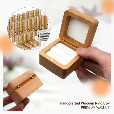 Premium Brass Barrel Jewelry Box Hinges Set for Small Wooden Boxes, 270 Degree Fold, displayed with a handcrafted wooden box