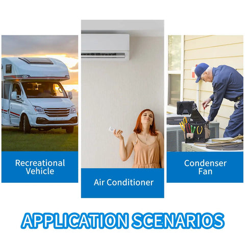 Image showing application scenarios for Dual Run Round CBB65 Capacitor 30 Plus 5 MFD Five Percent Tolerance 370 To 440 Volt.