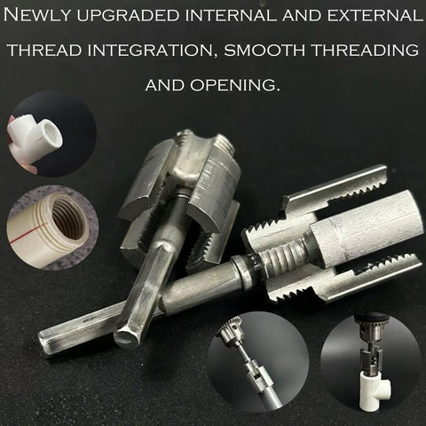 Dual Function PVC Pipe Threader Kit with steel components for internal and external threading on plastic pipes and garden hose.