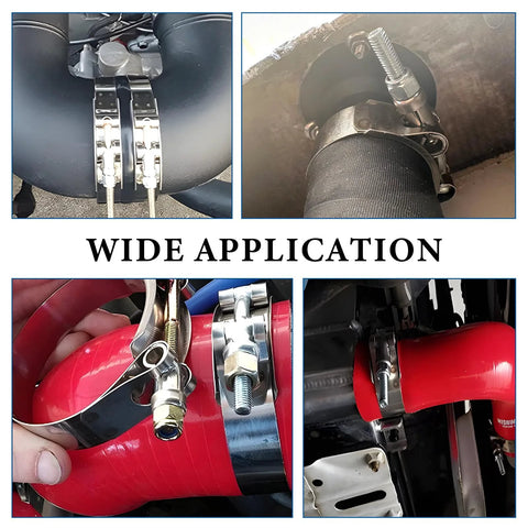 Four 3-inch stainless steel T-bolt hose clamps (83–91mm) for automotive hoses, shown on intake piping.