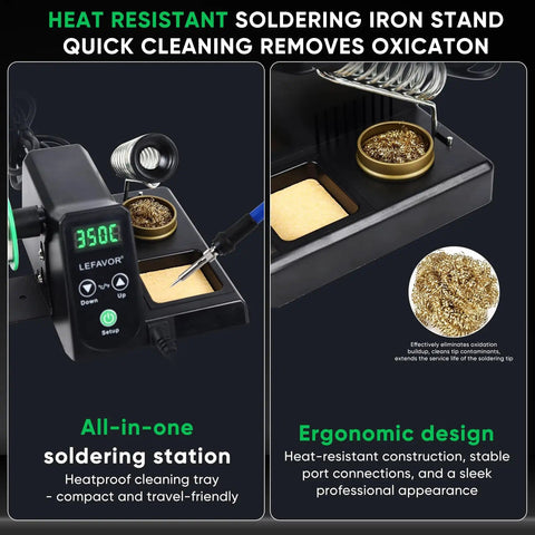 Pro Grade 60W Soldering Station Kit With PID Control And Auto Calibration, showing stand and cleaning tools