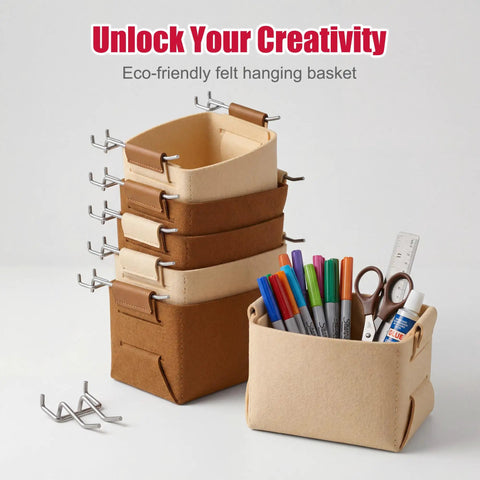 Stack of eco-friendly felt hanging baskets with hooks and stationery items, including markers and scissors, displayed on a white surface.