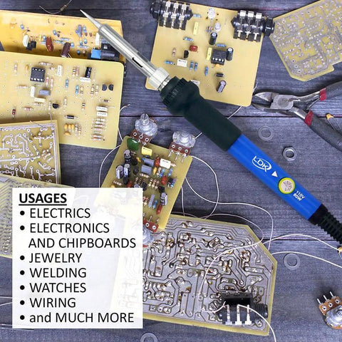 60W Adjustable Temperature Soldering Iron Kit With Quick Heat Ceramic Technology shown with circuit boards, 5 tips, and solder wire