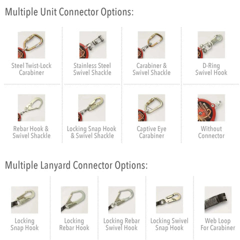 Scorpion 9 Foot Personal Fall Limiter With D Ring Swivel Hook And Steel Locking Snap Hook 310 Lb Capacity OSHA ANSI CSA Compliant Affordable Lanyard Alternative For Mobility And Budget Conscious Pros connector options display.