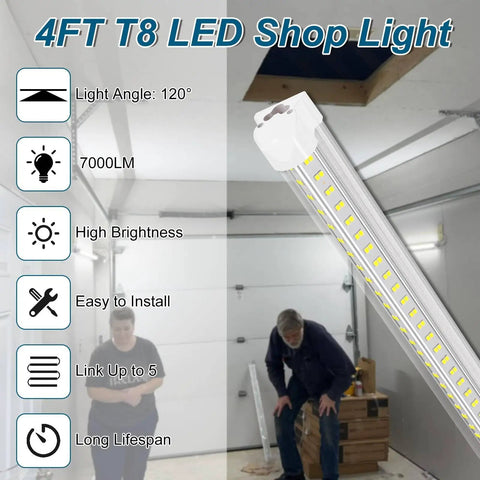 4ft T8 LED Shop Light highlighting 120° angle, 7000LM brightness, ease of installation, and linking capability for workshops.